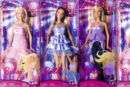 row of barbie dolls